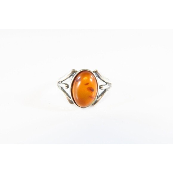 Oval Orange Amber Split Shank Sterling Silver Ring Size 7.25 - Picture 1 of 6